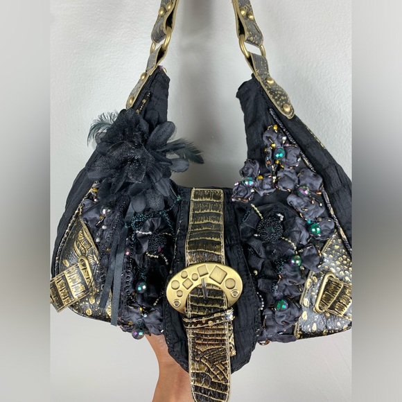 Vintage Y2K Mini Hand Black Bag with Jems, Beads and feathers | Festival… - Picture 8 of 12
